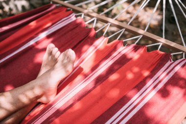 Genç adam bahçedeki kırmızı bir hamakta dinleniyor. Erkek bacaklarına yakın çekim. Yakışıklı adam güneşli bir günde hamakta uzanıyor.