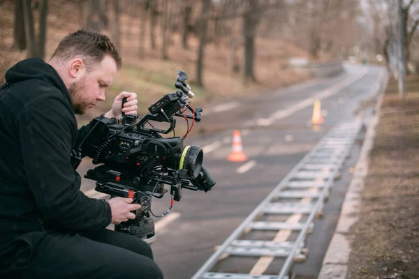 Director Photography Camera His Hands Set Professional Videographer Work Filming — Stock Photo, Image