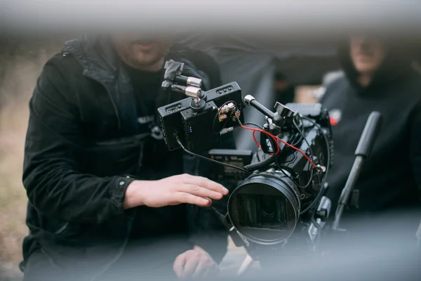 Pellicola Professionale Videocamera Sul Set Turno Tiro Equipaggiamento Gruppo Tecnica — Foto Stock