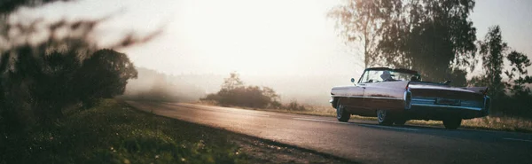 A retro car drives along the road at dawn. The convertible drives off into the distance on a deserted road among the trees on a sunny day