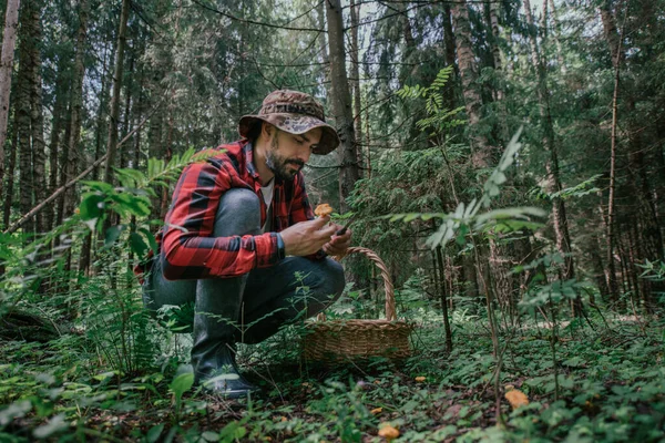 Ein Junger Männlicher Pilzsammler Mit Einem Großen Korb Sucht Sammelt — Stockfoto