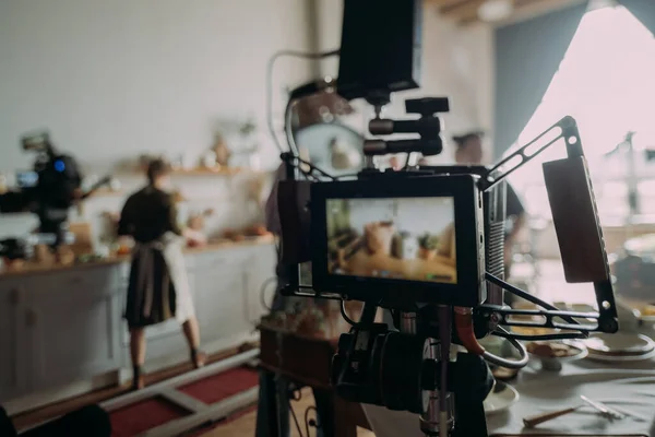 Filmset Monitore Und Modernes Aufnahmegerät Filmcrew Beleuchtungsgeräte Monitore Playbacks Filmausrüstung — Stockfoto