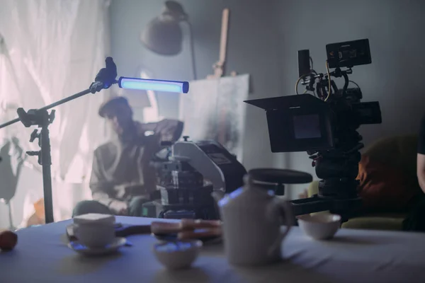 Profesionální Kino Videokamera Place Střelba Osvětlovací Zařízení Střelné Vybavení Tým — Stock fotografie