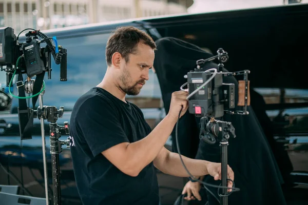 Conjunto Filmes Tecnologia Tiro Moderno Equipe Filmagem Dispositivos Iluminação Monitores — Fotografia de Stock