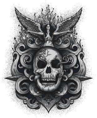 Kafatası üzerinde Kollarını açarak üzgün melek