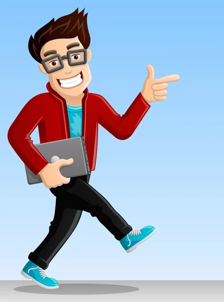 Neşeli bilgisayar Geek yürüyüş sırasında işaret-