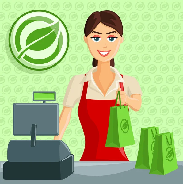 Sorrindo Cashier Girl na Eco Green Store —  Vetores de Stock