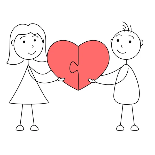 Kreskówka mężczyzna i kobieta trzymać dane połączenie logiczne serca — Zdjęcie stockowe