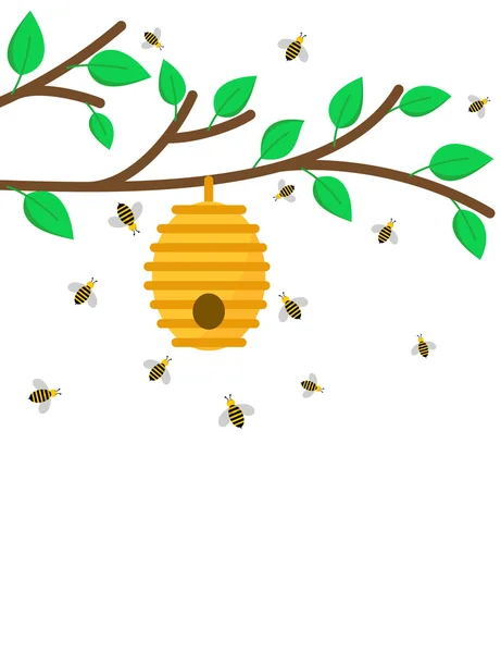 Beehive on a branch with bees — Stock Vector