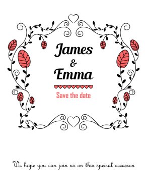 Kırmızı çiçekli düğün davetiye kartı