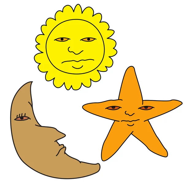 Unglückliche Sonne Mond und Stern — Stockvektor
