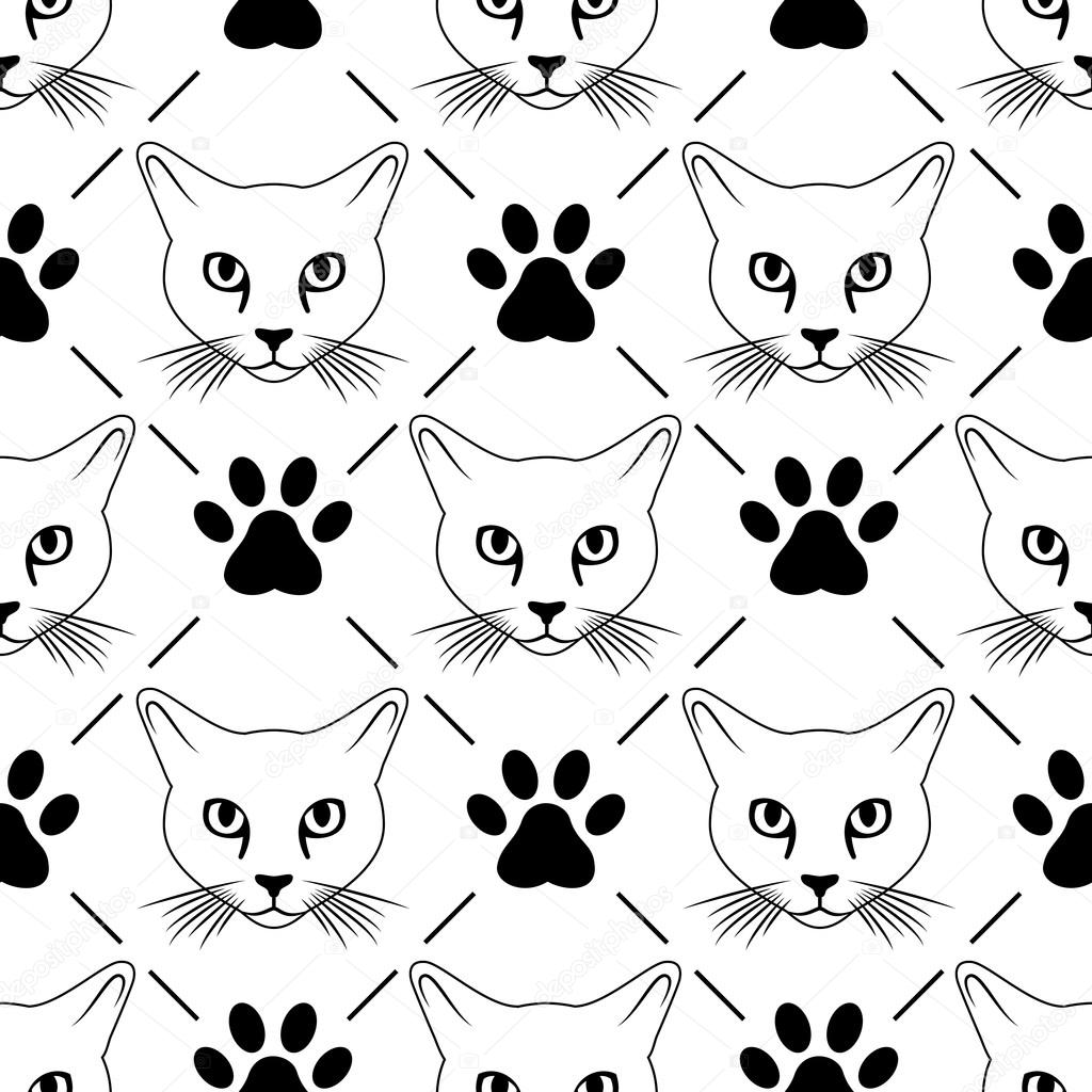Cat face and paws seamless pattern