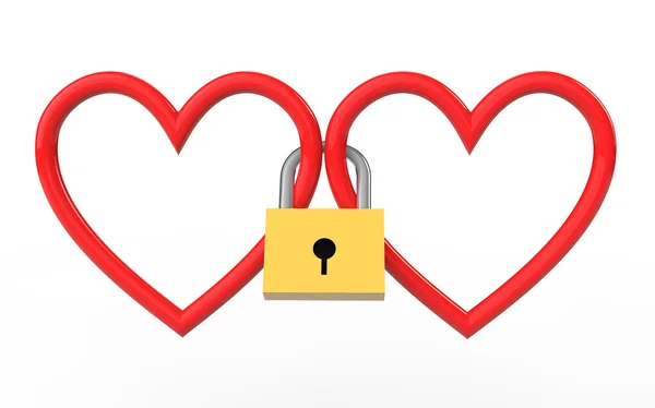 3d hearts locked together with lock — Stockfoto