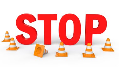 3D trafik konileri ve Stop metin