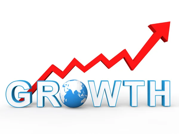 3d growth text with globe and arrow — Stock Photo, Image