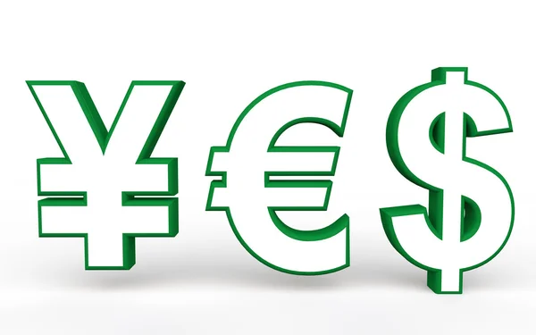 Yen euro 3d y símbolos del dólar sí — Foto de Stock