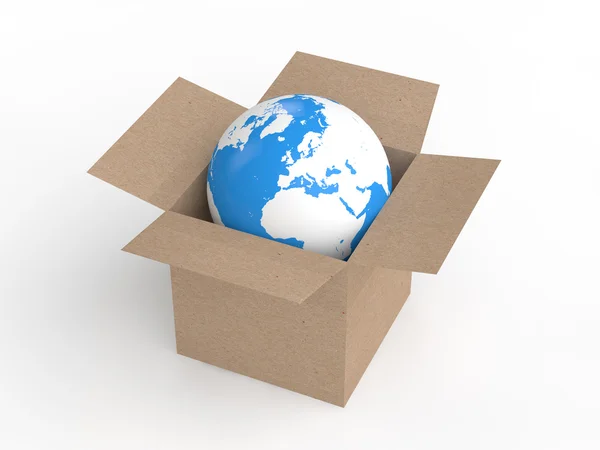 在纸箱中的 3d 地球球体。 — 图库照片