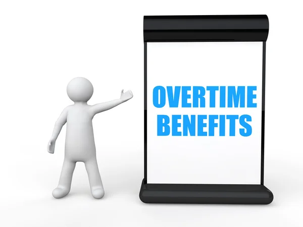 3d man with overtime benefits board — Stock Photo, Image