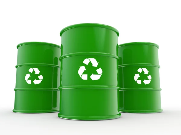 3D grüne Fässer mit Recycling-Symbol — Stockfoto