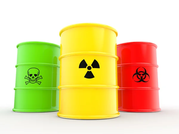 3d barrels with warning symbols — Stock Photo, Image