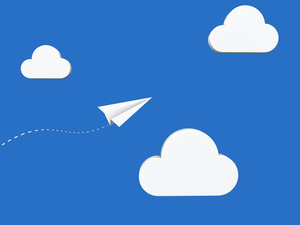 3d бумажный самолет, летящий в облаках
