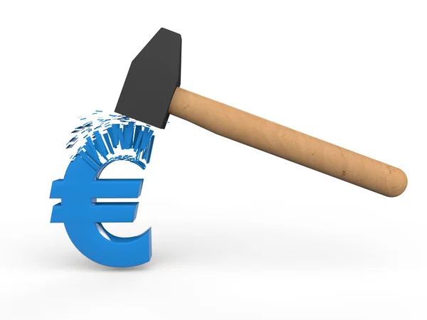 Martillo 3d destruir símbolo del euro — Foto de Stock