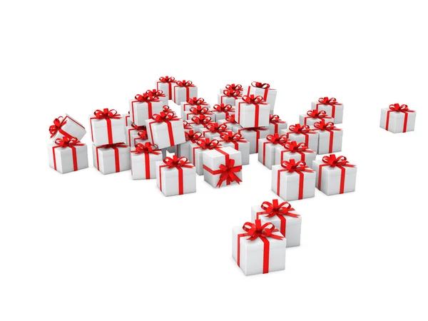 3d білі подарункові коробки з червоною стрічкою — стокове фото