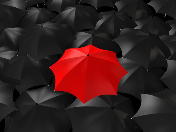 3d red umbrella among black ones