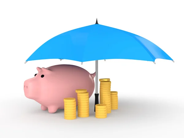 3d piggy banco moedas e guarda-chuva — Fotografia de Stock