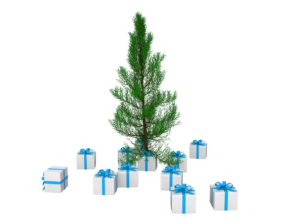 3D-geschenkdozen en kerstboom — Stockfoto