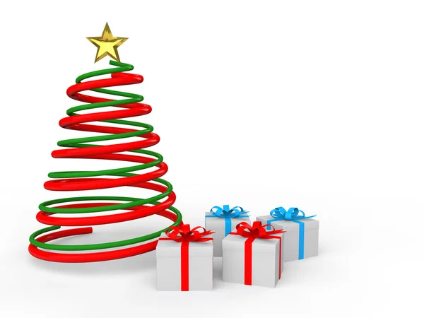 3d árbol espiral de Navidad y regalos — Foto de Stock