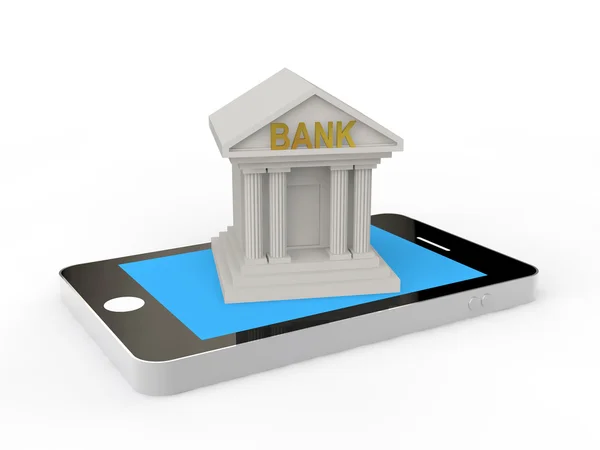 3d bank building on a mobile phone — Stock Photo, Image