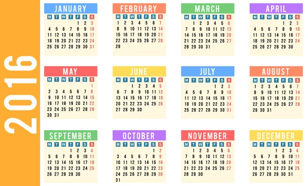 Kalendář pro rok 2016 — Stockový vektor