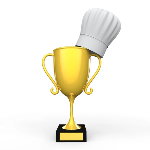 3D золотий трофей з капелюхом шеф-кухаря — стокове фото