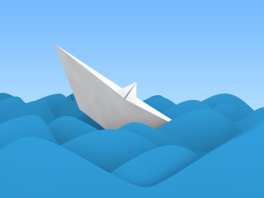 3d kağıt tekne dalga okyanus batıyor