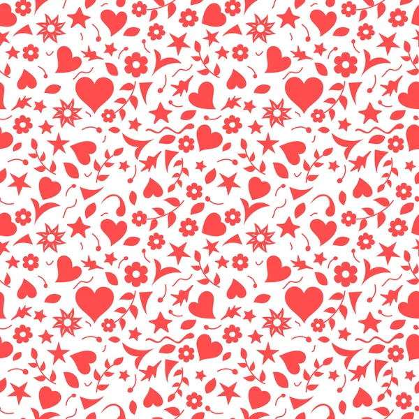 Red hearts floral doodles pattern — Stock Vector