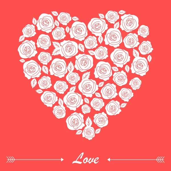 Projeto de cartão de forma de coração de rosas brancas — Vetor de Stock