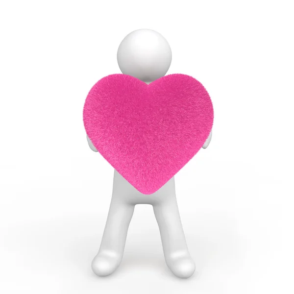 3d man holding a fluffy heart shape — Stock Photo, Image
