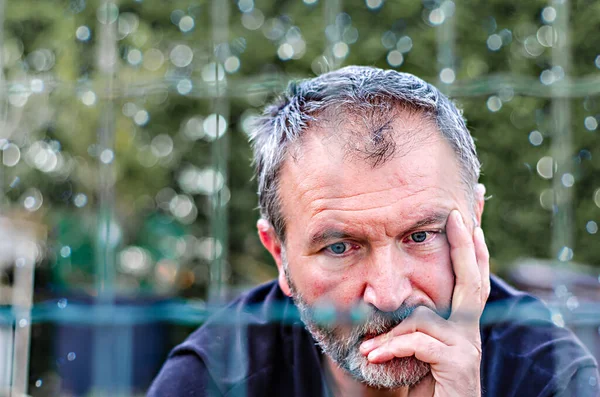 Çitin arkasında yeşil bir zeminde düşünceli bir havası olan yetişkin bir adam.