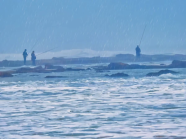 Pescadores Que Pescam Chuva Distância Oceano — Fotografia de Stock
