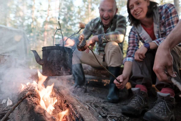 Compagnia di amici soddisfatti friggere dolci marshmallow su un fuoco con un bollitore appeso sopra la fiamma, in un campeggio — Foto Stock