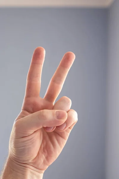 Hand visar med fingrar symbolen för seger eller nummer två, på en grå bakgrund. Närbild. — Stockfoto