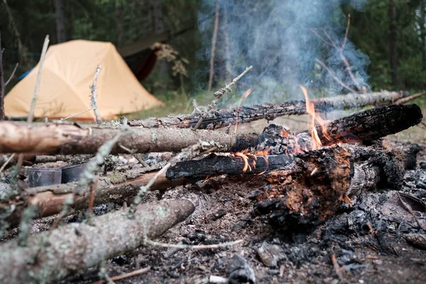 Feu de camp, sur fond de tente et hamac dans le camp dans la forêt, en été. Loisirs et mode de vie. — Photo