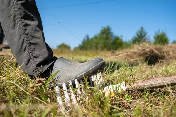 Gambe uomo incurante passi su un rastrello, che può portare a lesioni, sullo sfondo di erba tagliata. Vista dal basso. — Foto Stock