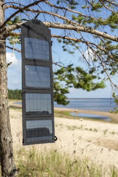 Portable foldable solar panel battery hanging on the outdoors on a pine tree — Stock Photo, Image