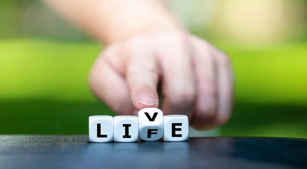 Live Your Life Hand Turns Dice Changes Word Live Life — Fotografia de Stock