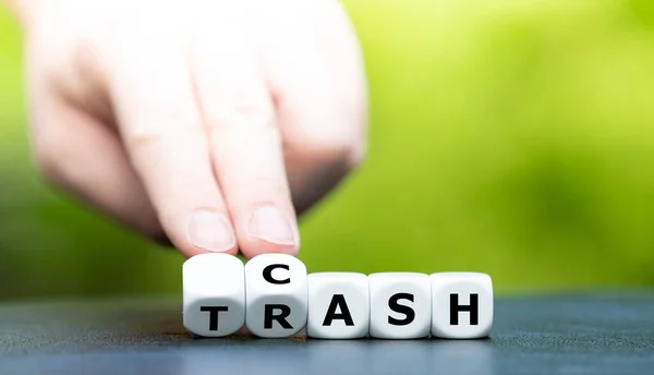 Trash Cash Hand Turns Dice Changes Word Trash Cash — Stock Photo, Image