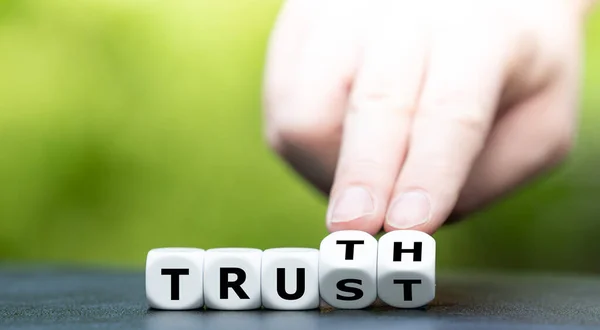 Hand Turns Dice Changes Word Trust Truth — Stock Photo, Image