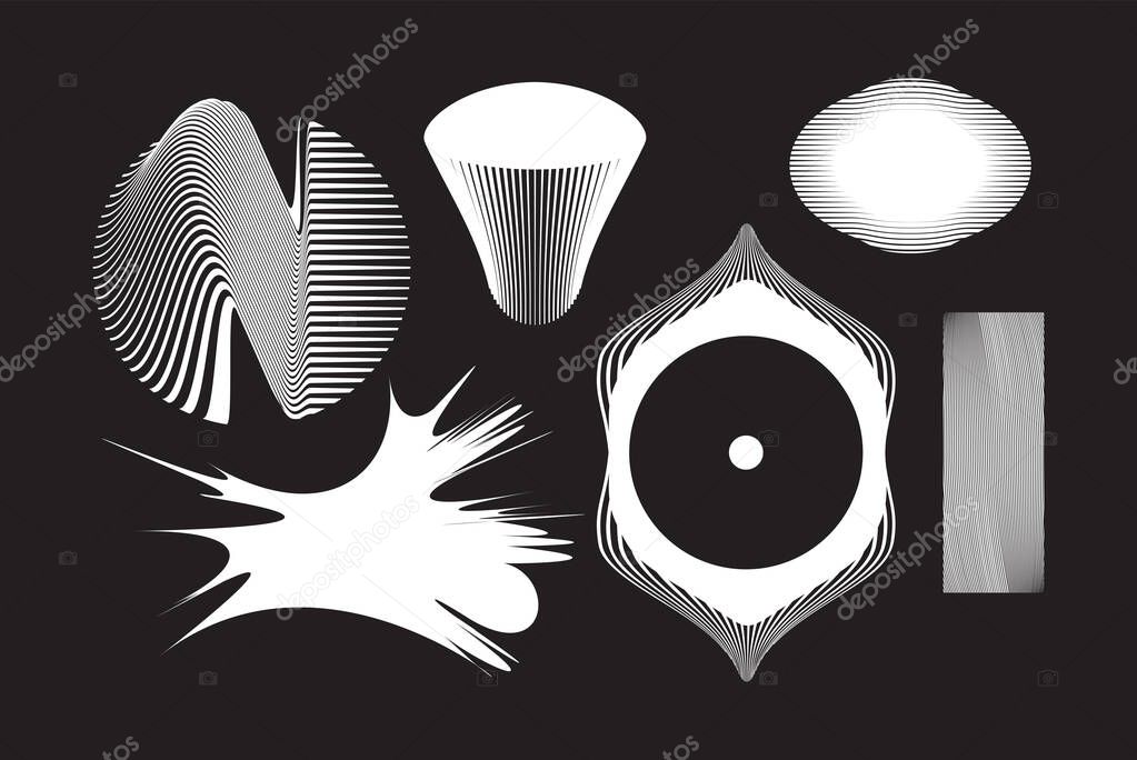 The reimagined design of 80-90s, retro-futurism, brutalist style. New look at design, with distorted and extraordinary forms, bold abstract geometric shapes. For web, media, sci-fi scenes, games logo