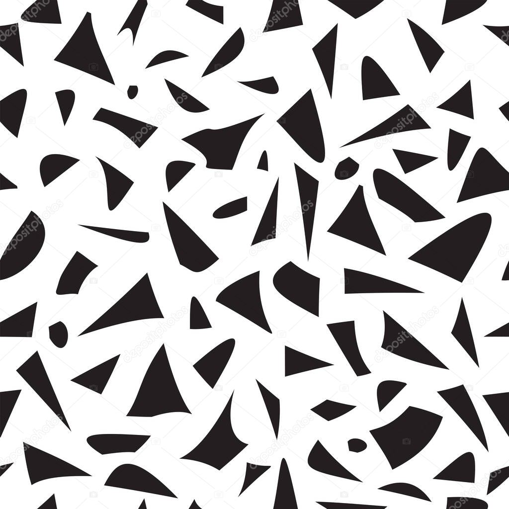 Abstract seamless patterns with graphic elements, chaotic shapeless shapes. Fashion 80-90s. Universal Black and white textured for trendy projects.